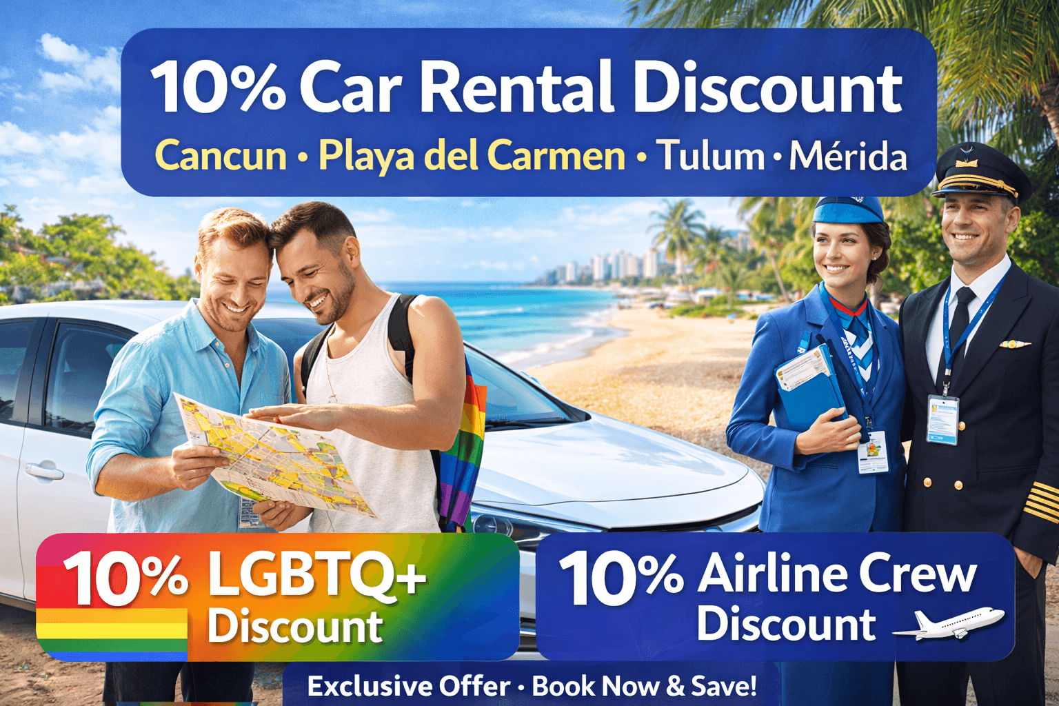 Exclusive 10% Car Rental Discount in Cancun, Playa del Carmen, Tulum & Mérida
