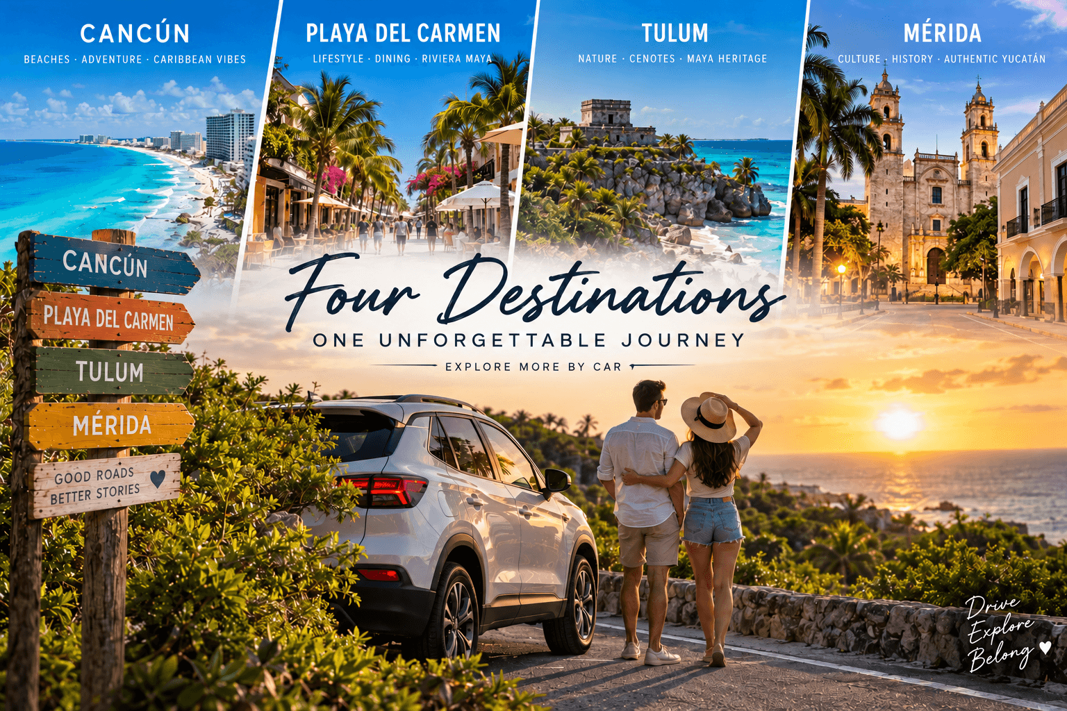 Four Destinations, One Journey: Explore Cancun, Playa del Carmen, Tulum & Mérida by Car