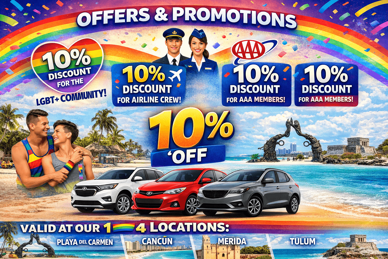 10% Car Rental Discount for LGBTQ+, Airline Crew and AAA Members in Cancun, Playa del Carmen, Tulum and Mérida
